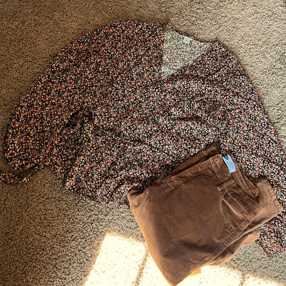 Old navy wrap blouse and velvet skinny pants